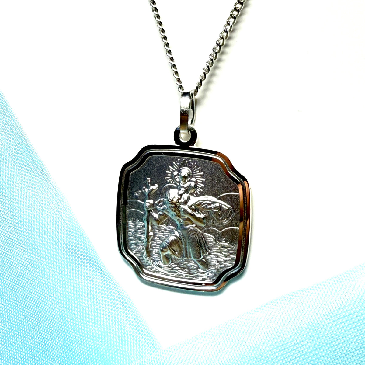 Solid Silver Cushion Shaped St. Christopher Curved Corners