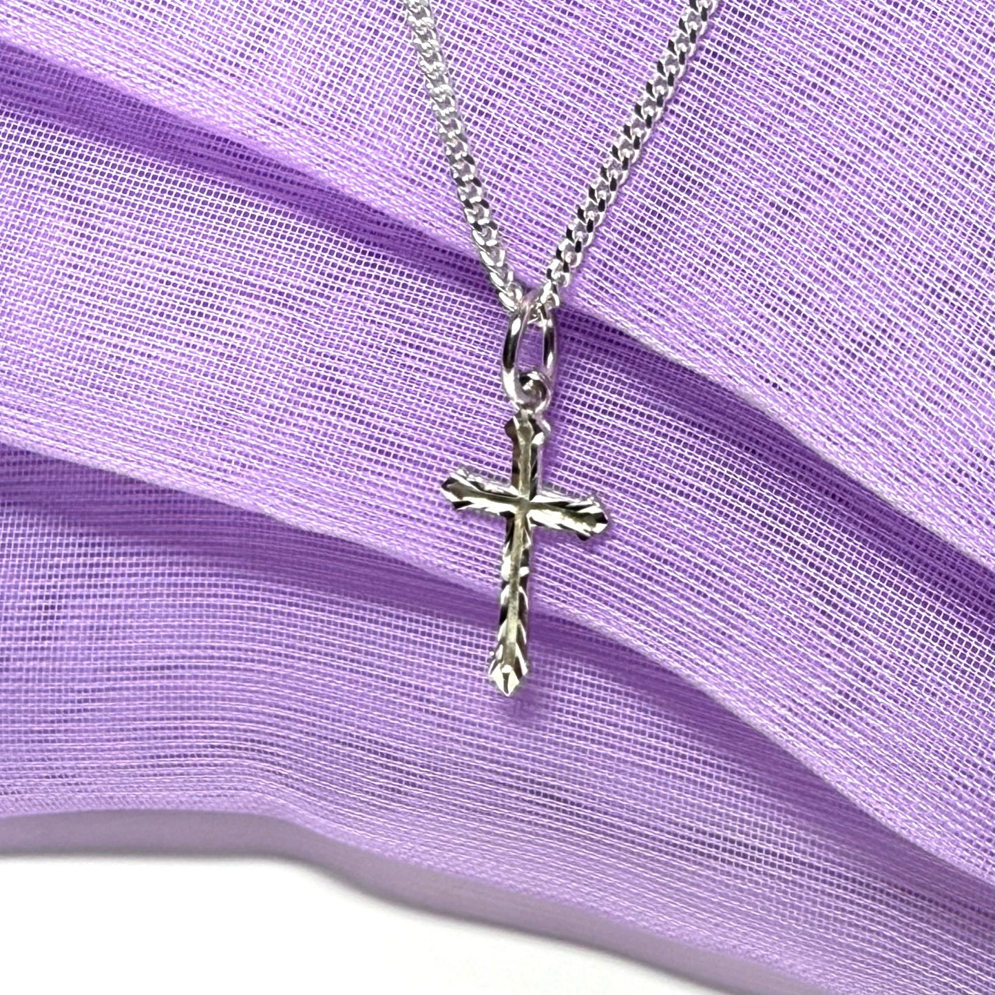 Solid Sterling Silver Cross Diamond Cut Pattern Including Chain