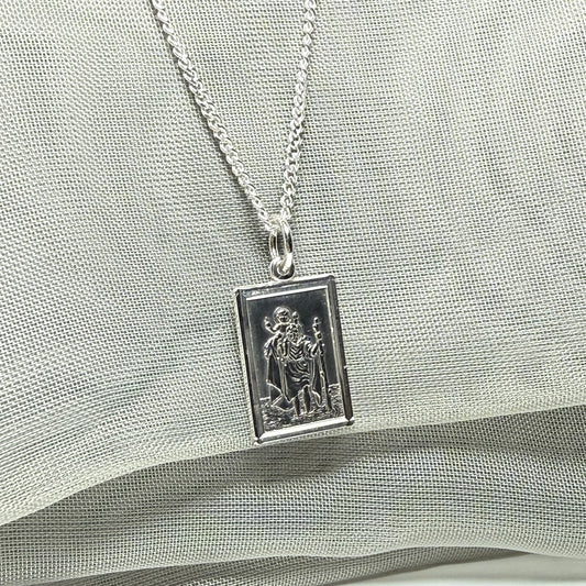 Solid Sterling Silver Rectangular St. Christopher Including Chain
