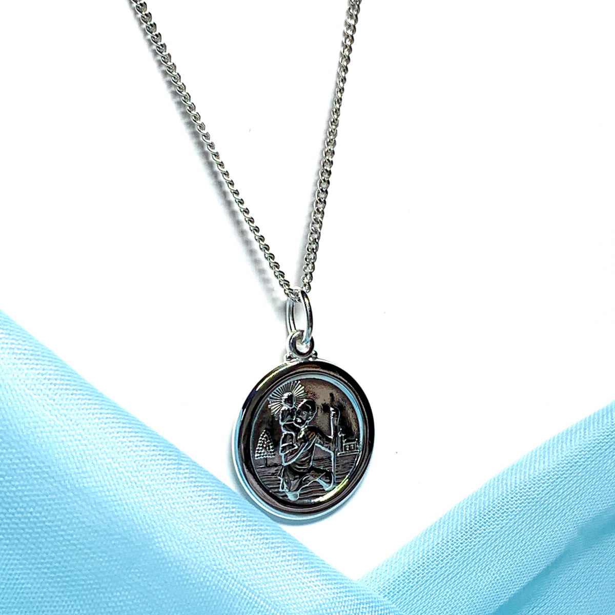 Solid round sterling silver St. Christopher necklace double sided pendant