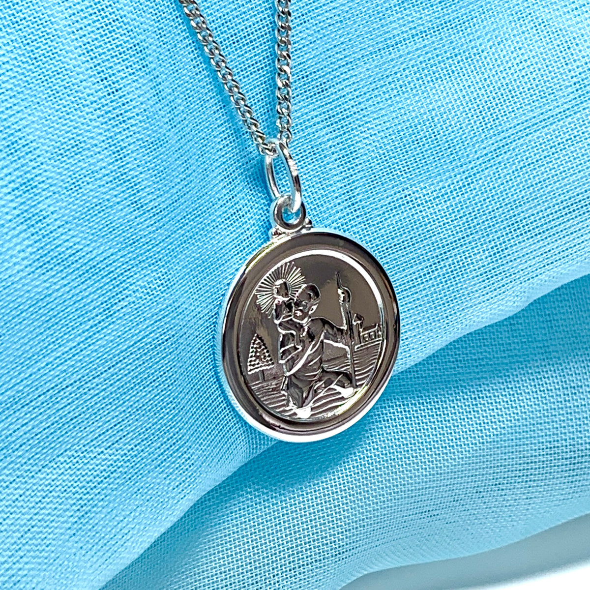 Solid round sterling silver St. Christopher necklace double sided pendant