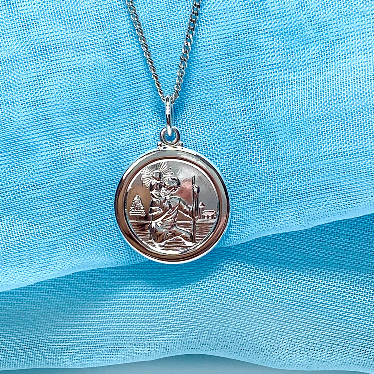 Solid round sterling silver St. Christopher necklace double sided pendant