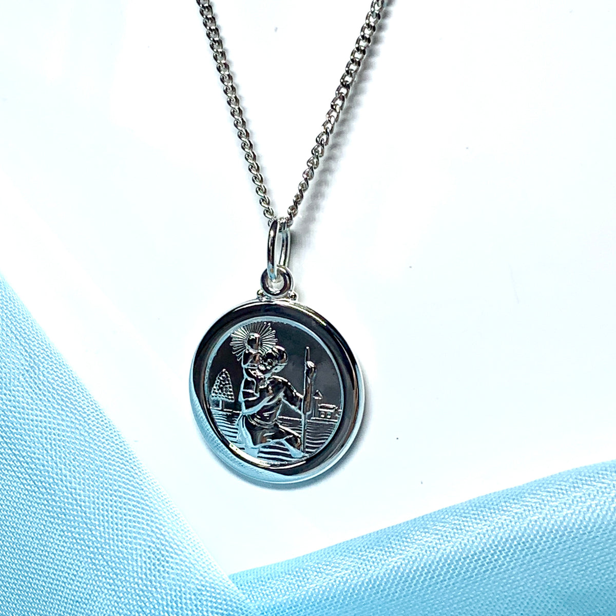 Solid round sterling silver St. Christopher necklace double sided pendant
