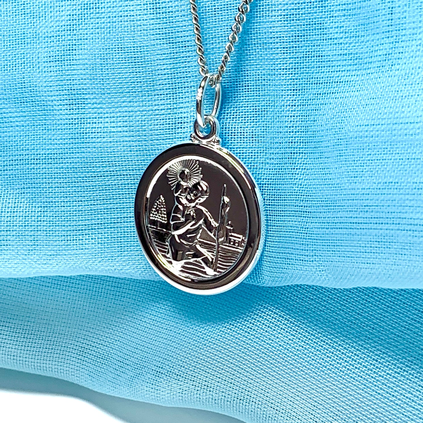 Solid round sterling silver St. Christopher necklace double sided pendant