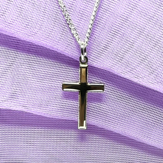 Solid sterling silver beaded edged cross with chain