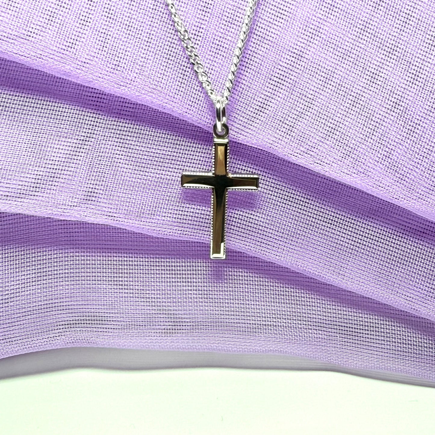 Solid sterling silver beaded edged cross with chain