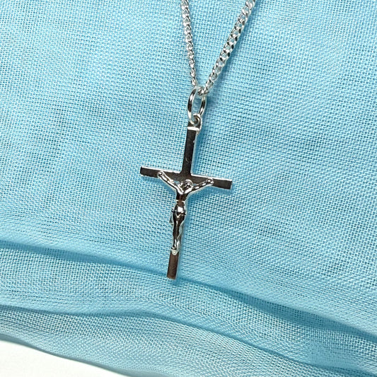 Solid sterling silver small crucifix cross necklace with a chain included