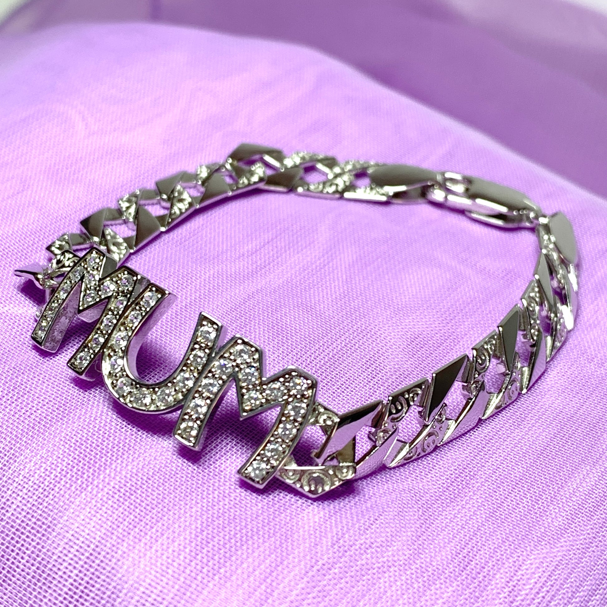 Solid sterling silver mum bracelet set with cubic zirconia
