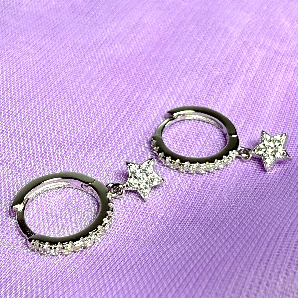 Sterling Silver Round Hoop Earrings With Stars 12 mm