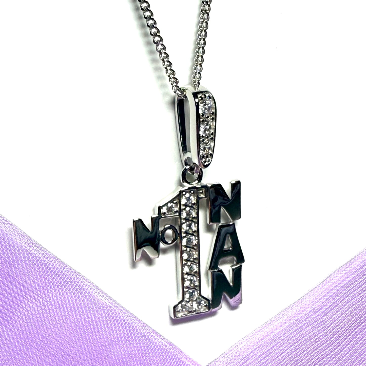 Sparkly Solid Sterling Silver Number One Nan Necklace Pendant Including Chain Large