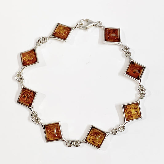 Square Cut Sterling Silver Real Amber Bracelet