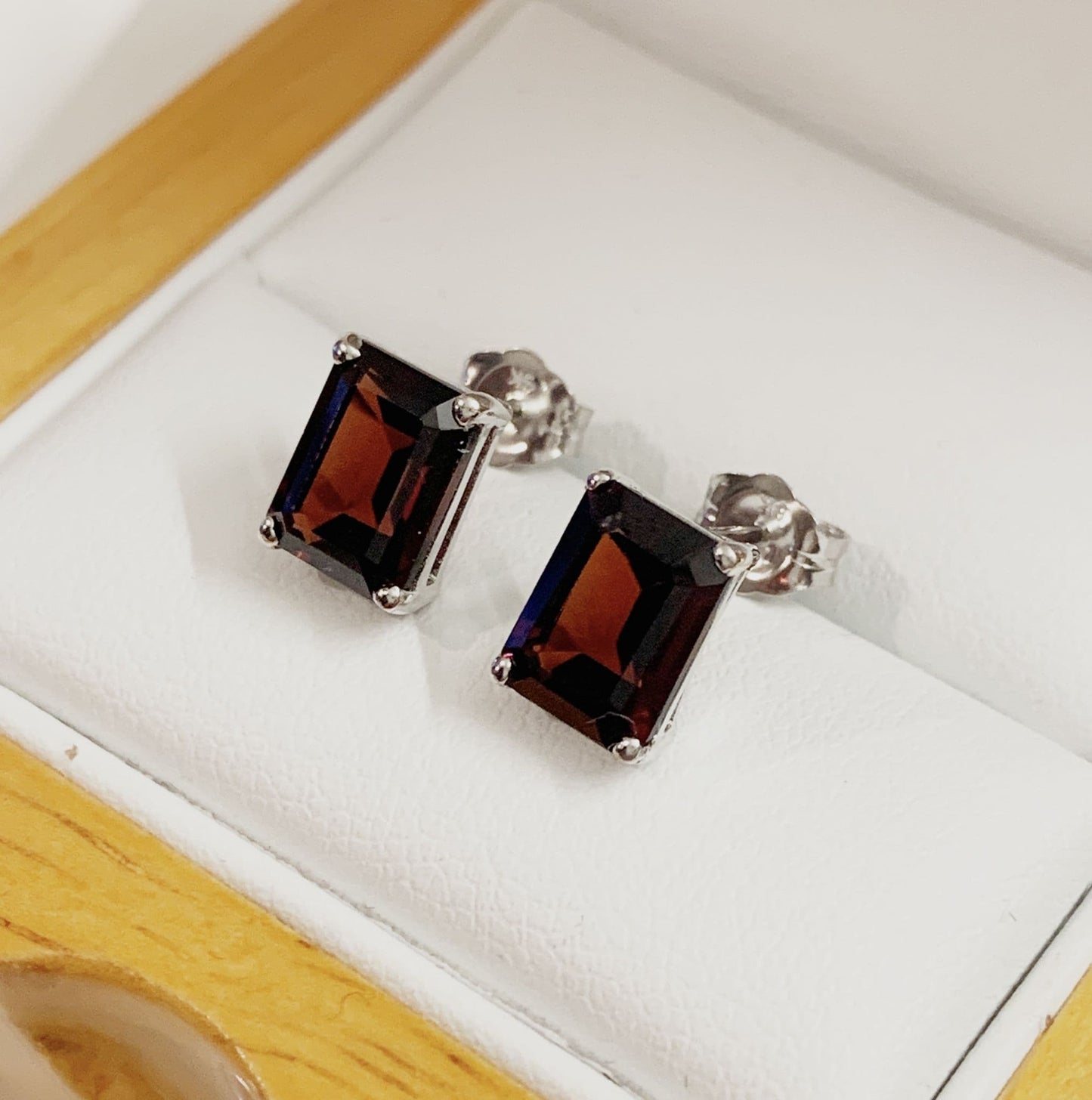 Square Set Garnet White Gold Earrings