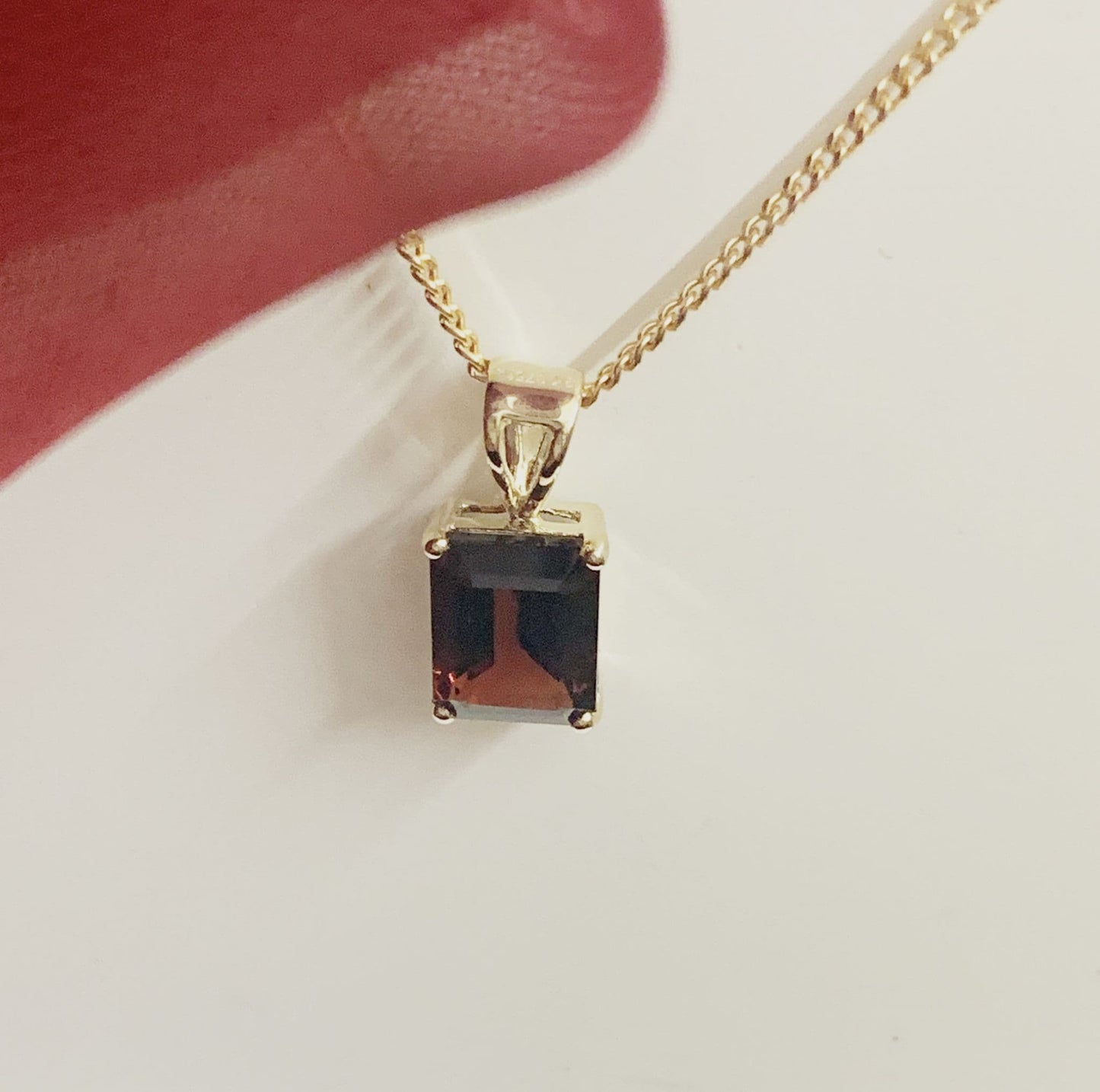 Real garnet square rectangle red necklace pendant yellow gold