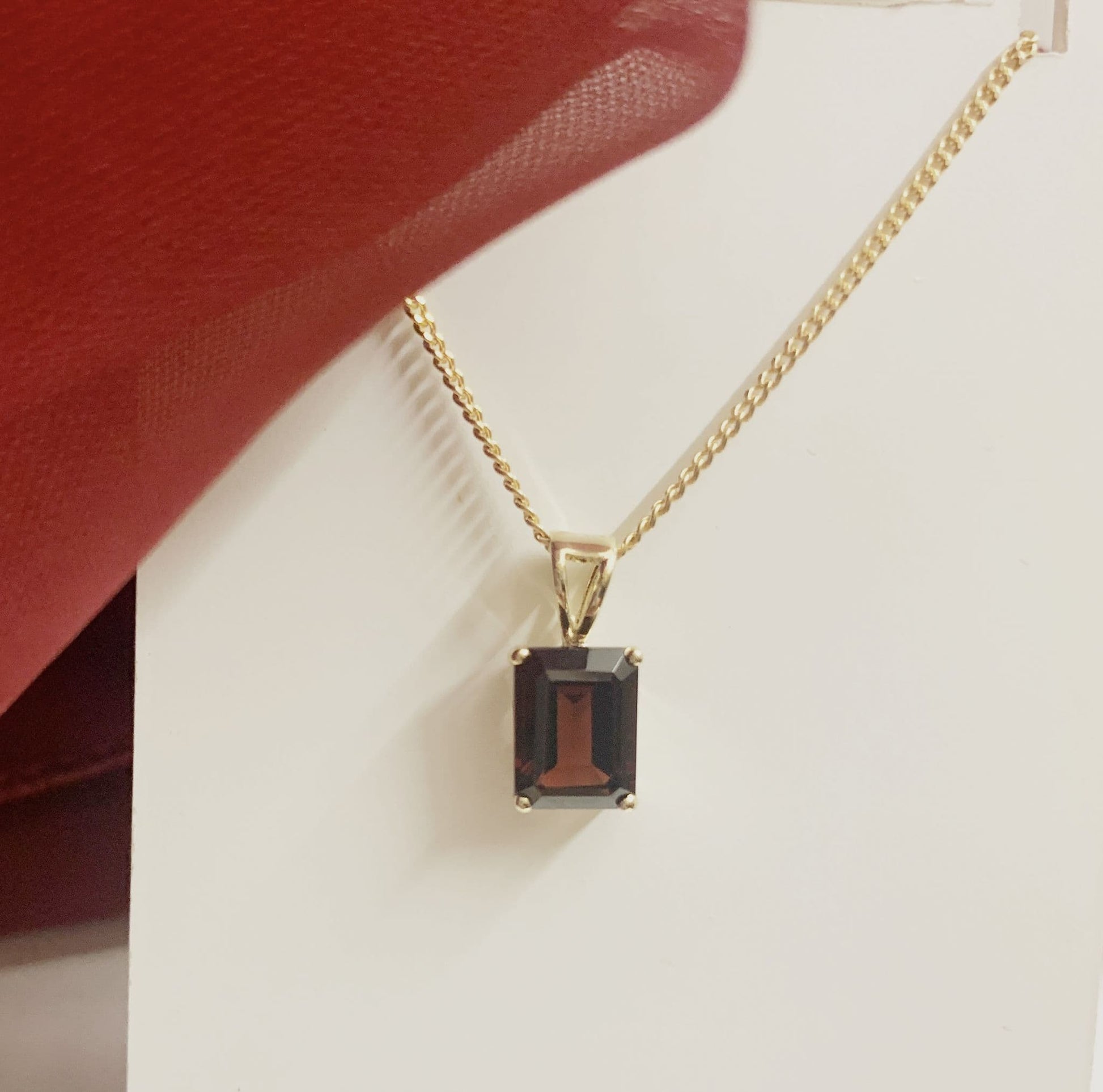 Real garnet square rectangle red necklace pendant yellow gold