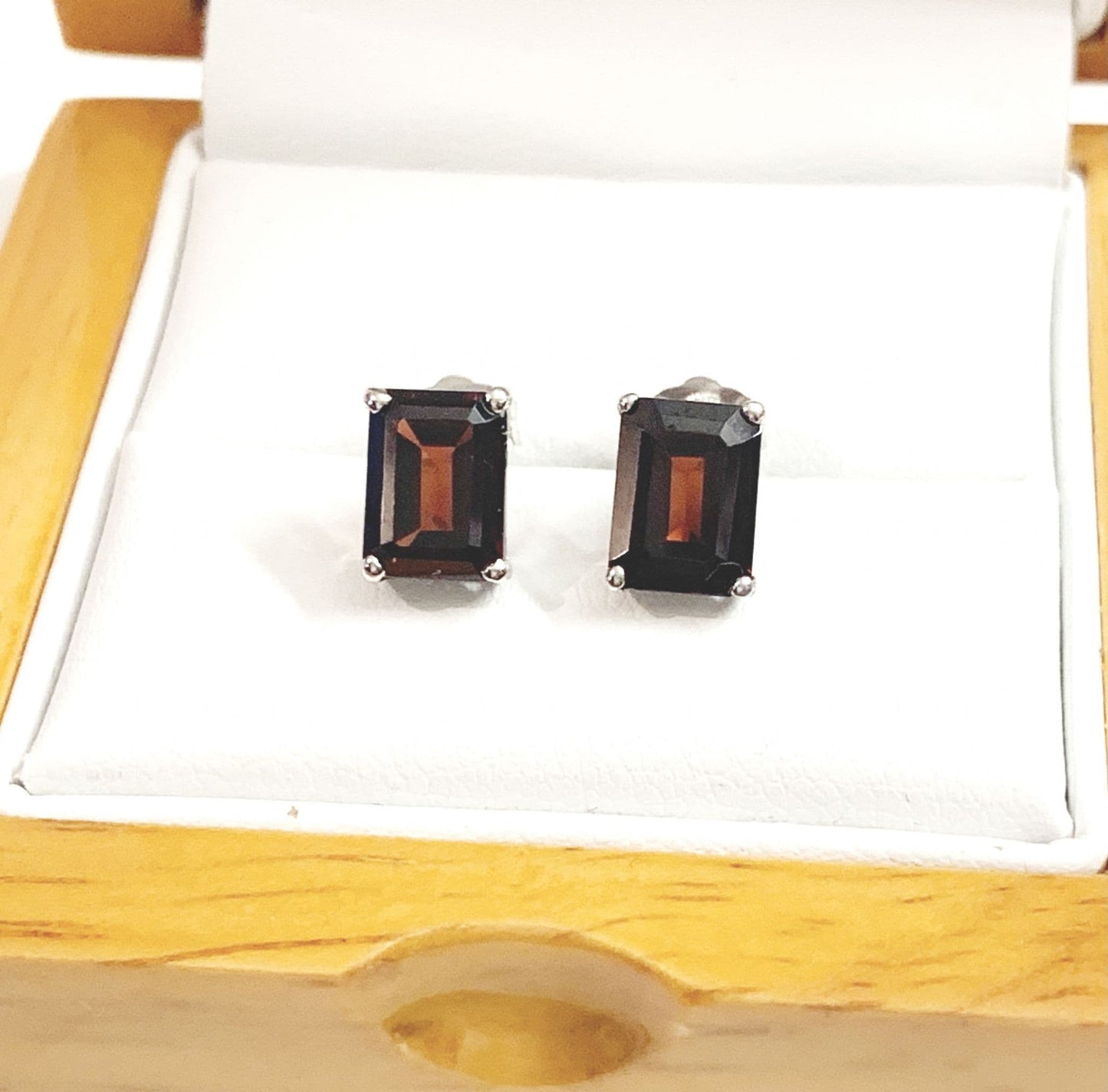 Square Set Garnet White Gold Earrings