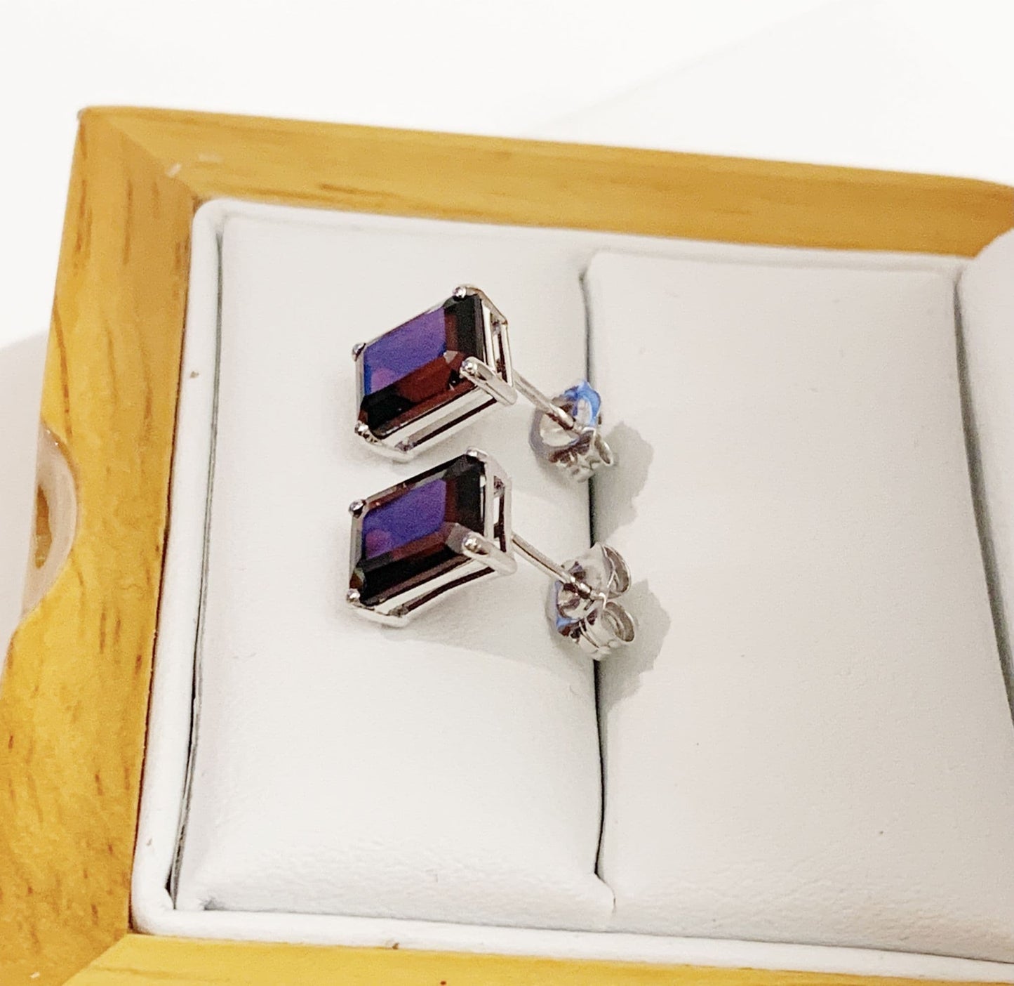 Square Set Garnet White Gold Earrings