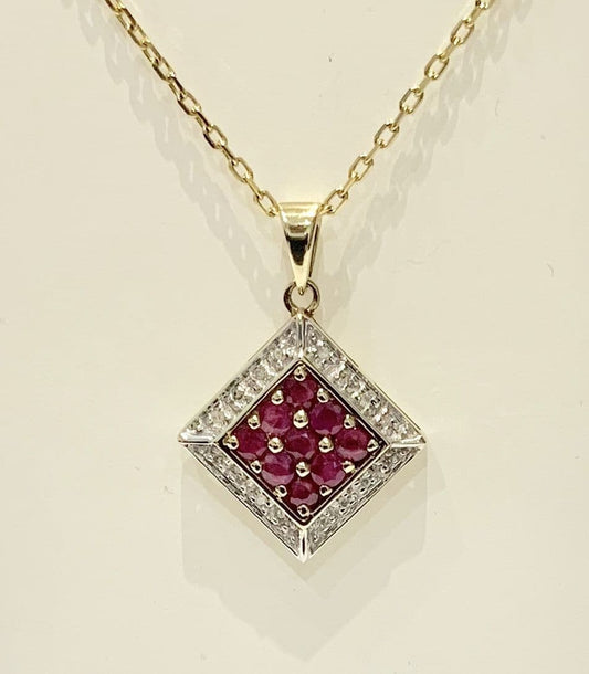 Square Shaped Cluster Ruby And Diamond Yellow Gold Necklace