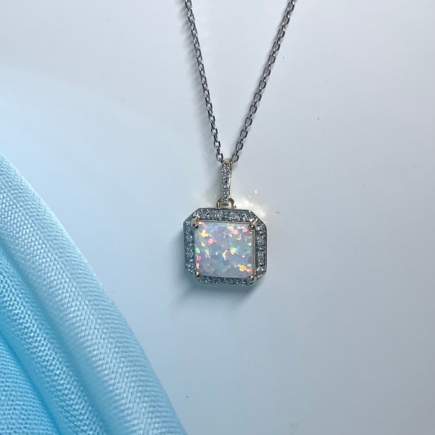 Square Shaped Opal And Diamond Yellow Gold Cluster Necklace