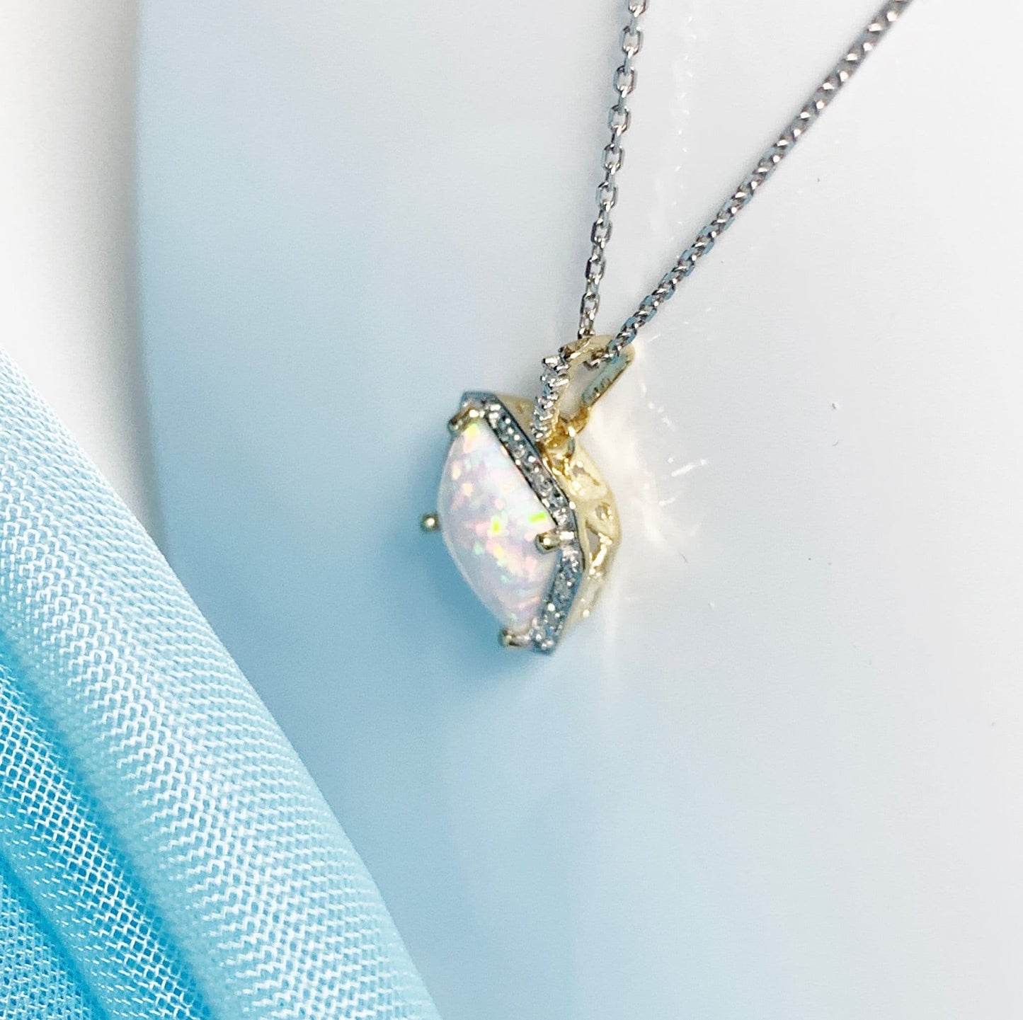 Square Shaped Opal And Diamond Yellow Gold Cluster Necklace