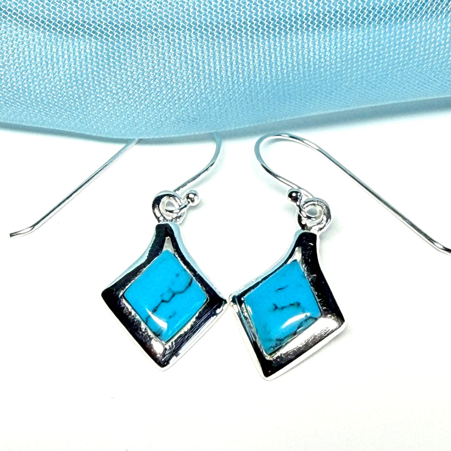 Square Blue Sterling Silver Turquoise Drop Earrings