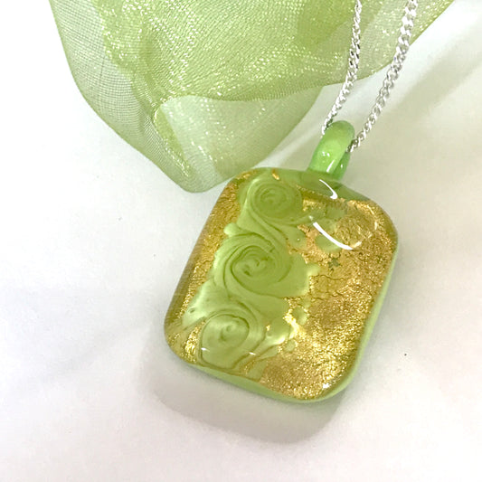 Square Lime Green & Gold Murano Glass Necklace