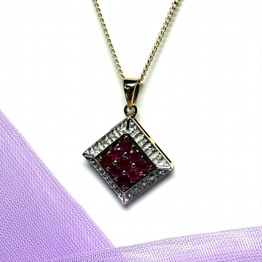 Square Shaped Cluster Real Ruby And Diamond Yellow Gold Necklace