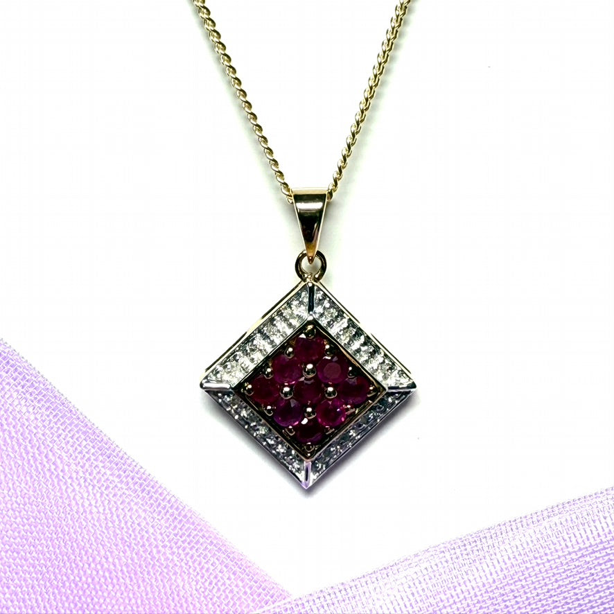 Square Shaped Cluster Real Ruby And Diamond Yellow Gold Necklace