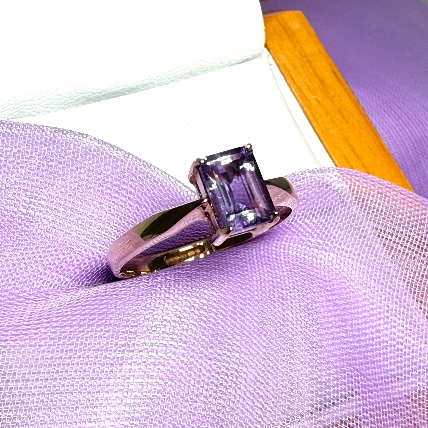 Square rectangle cut real purple amethyst yellow gold dress ring