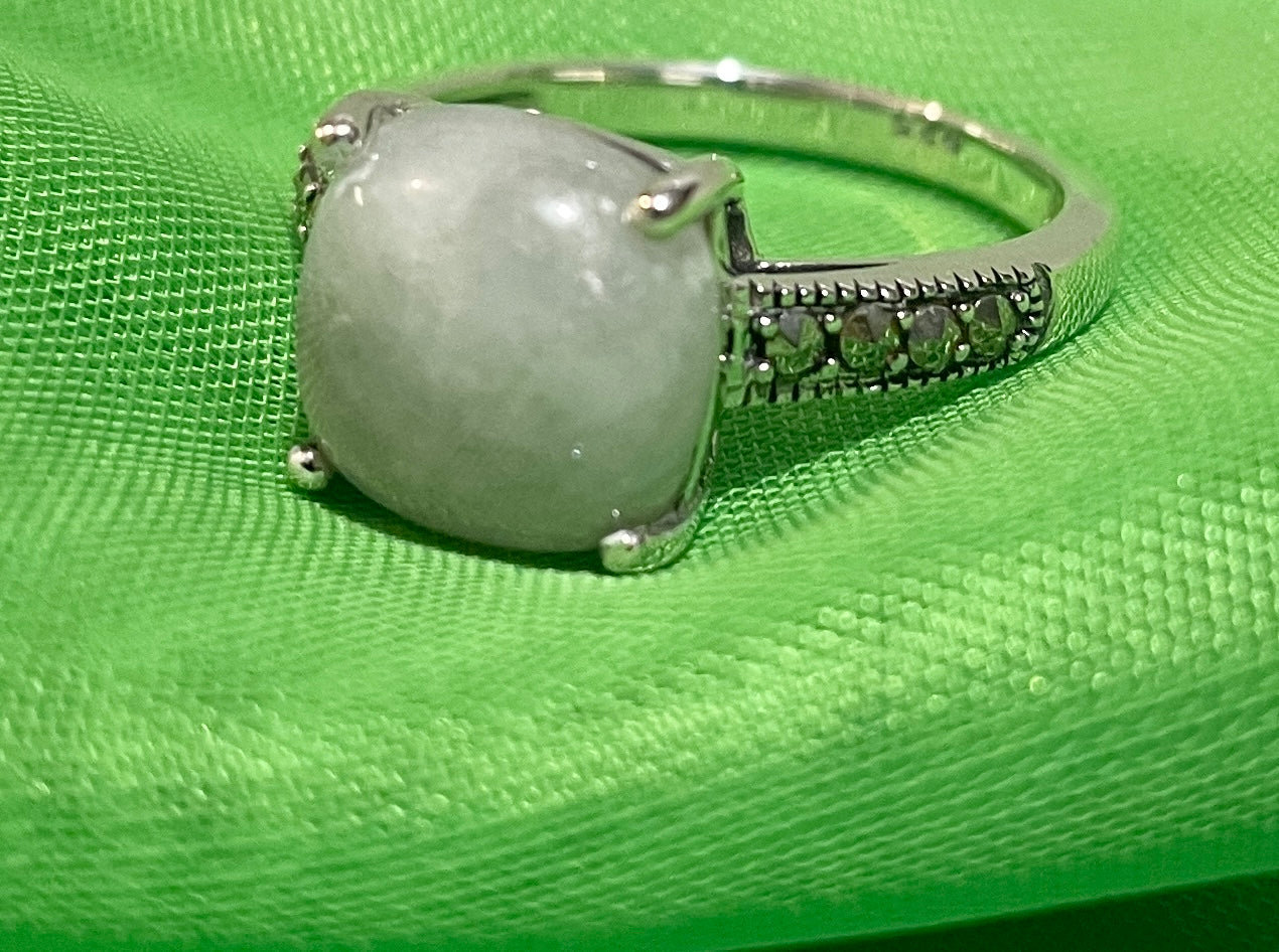 Square real jade and marcasite cushion shaped sterling silver ring
