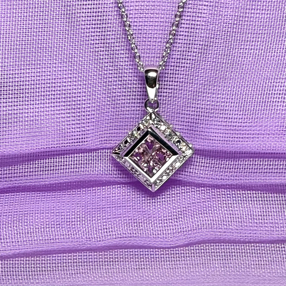 Square real pink sapphire and diamond pendant necklace white gold