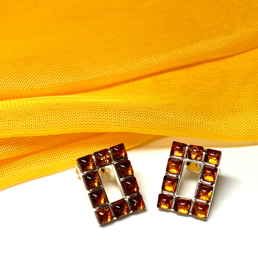 Square rectangle amber necklace open pierced stud dropped earrings, the open design making them a little bit different from the norm