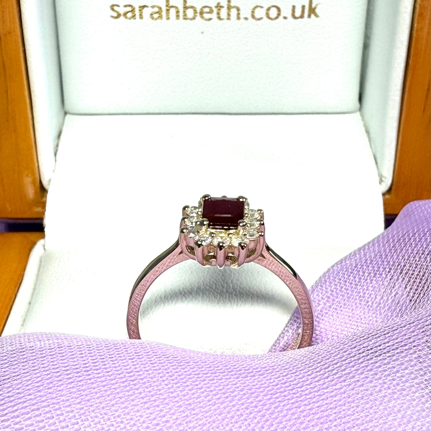 Square red real ruby and diamond yellow gold cluster ring