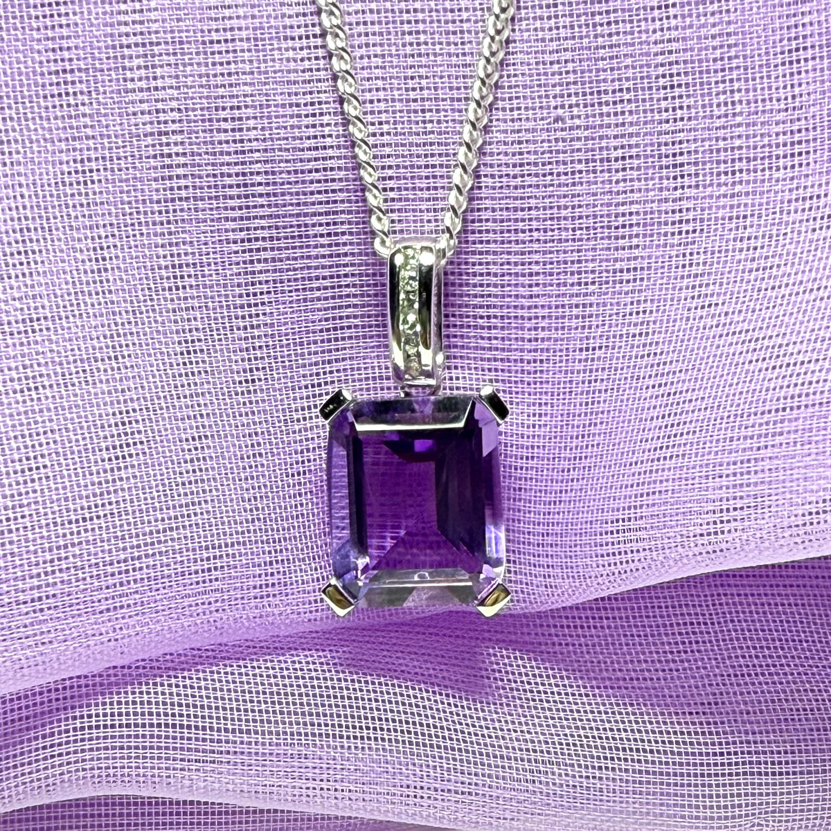 Square shaped purple real amethyst necklace and cubic zirconia sterling silver pendant