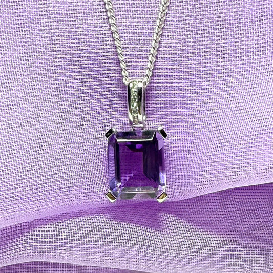 Square shaped purple real amethyst necklace and cubic zirconia sterling silver pendant