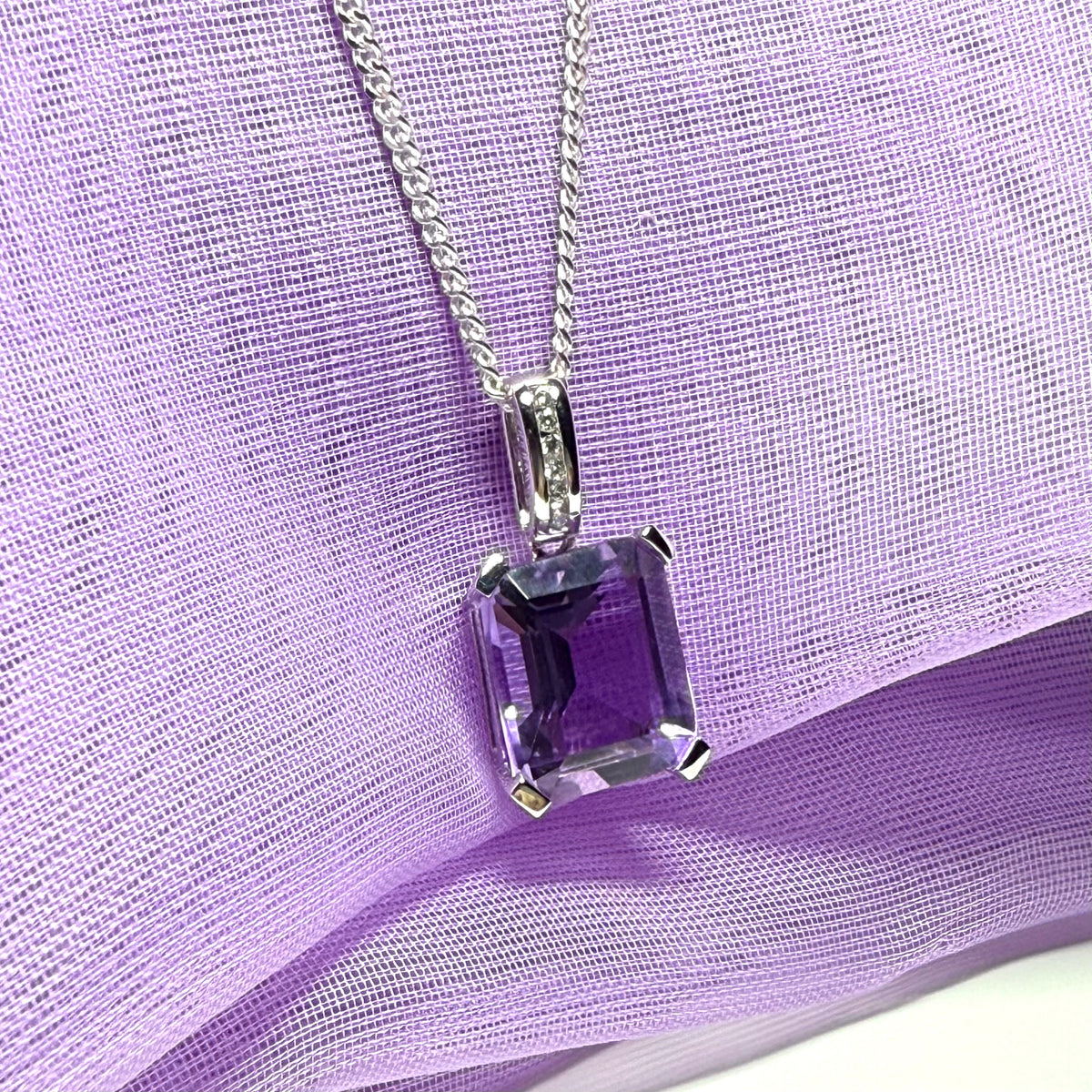 Square shaped purple real amethyst necklace and cubic zirconia sterling silver pendant