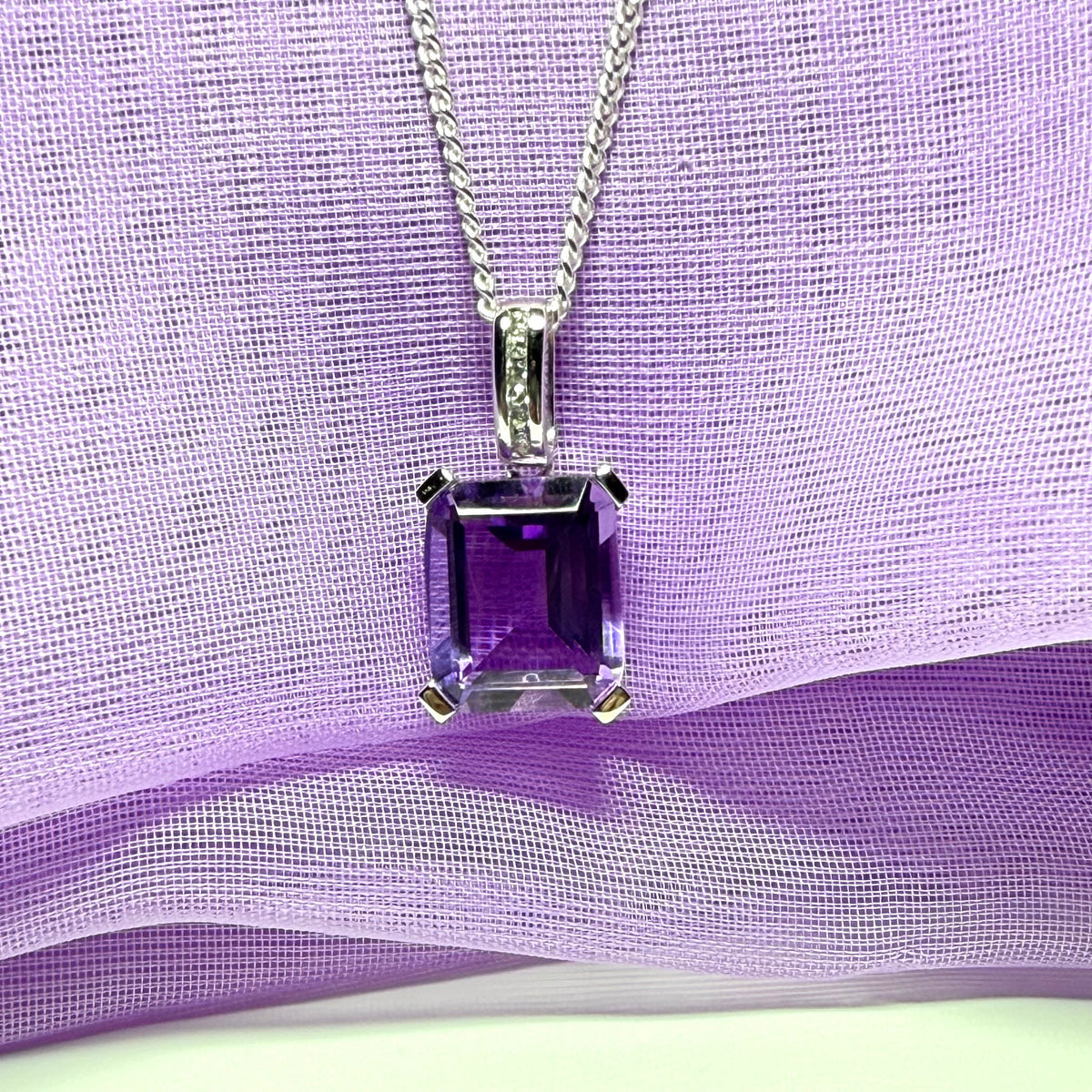 Square shaped purple real amethyst necklace and cubic zirconia sterling silver pendant