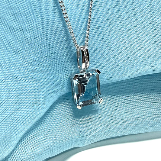 Square shaped real blue topaz necklace and cubic zirconia sterling silver pendant