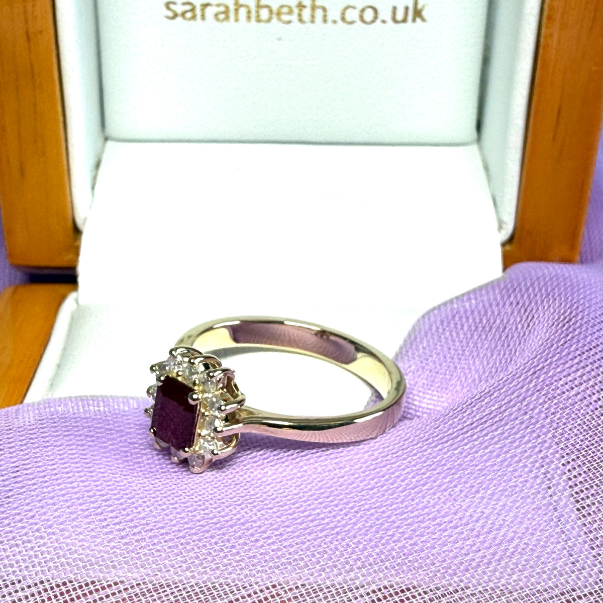 Square red real ruby and diamond yellow gold cluster ring