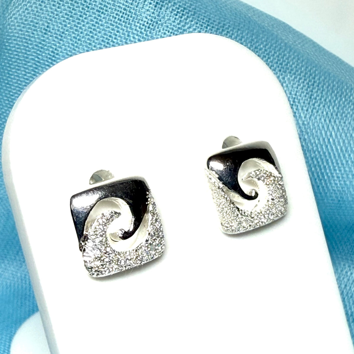 Square shaped sparkling frosted brushed sterling silver stud earrings