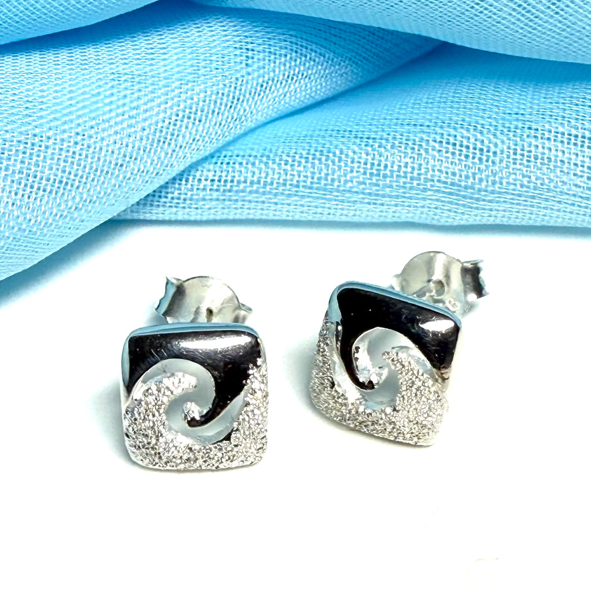 Square shaped sparkling frosted brushed sterling silver stud earrings