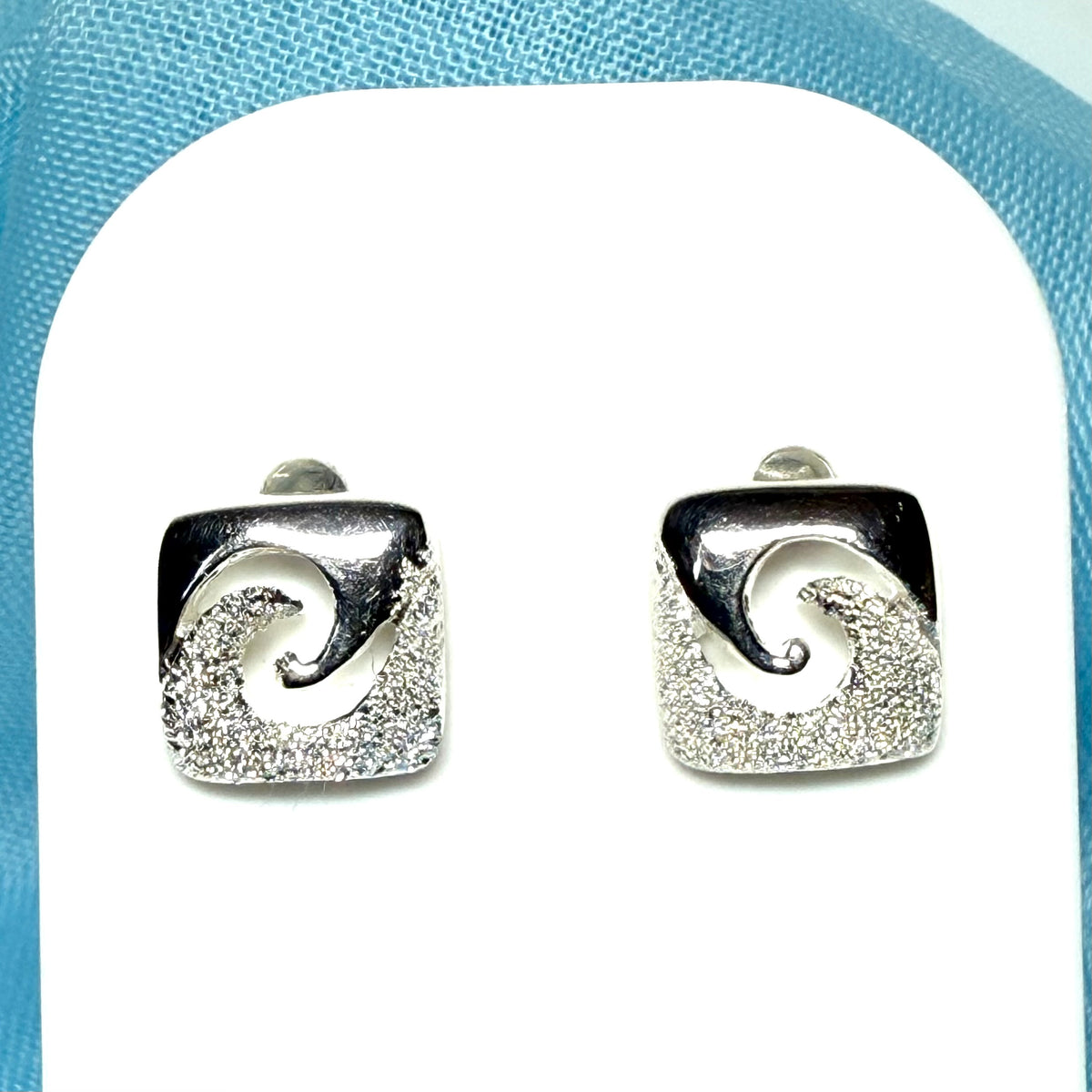 Square shaped sparkling frosted brushed sterling silver stud earrings