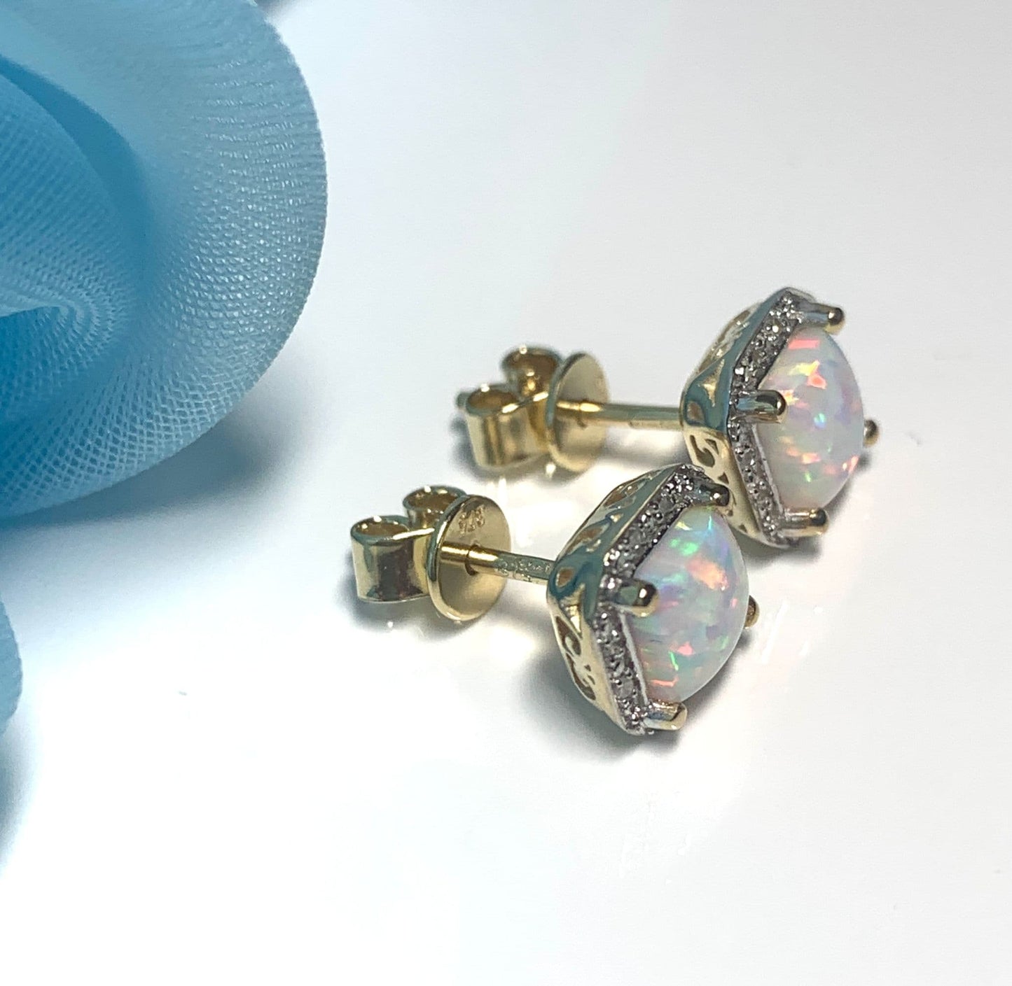 Square opal and diamond yellow gold stud cluster earrings