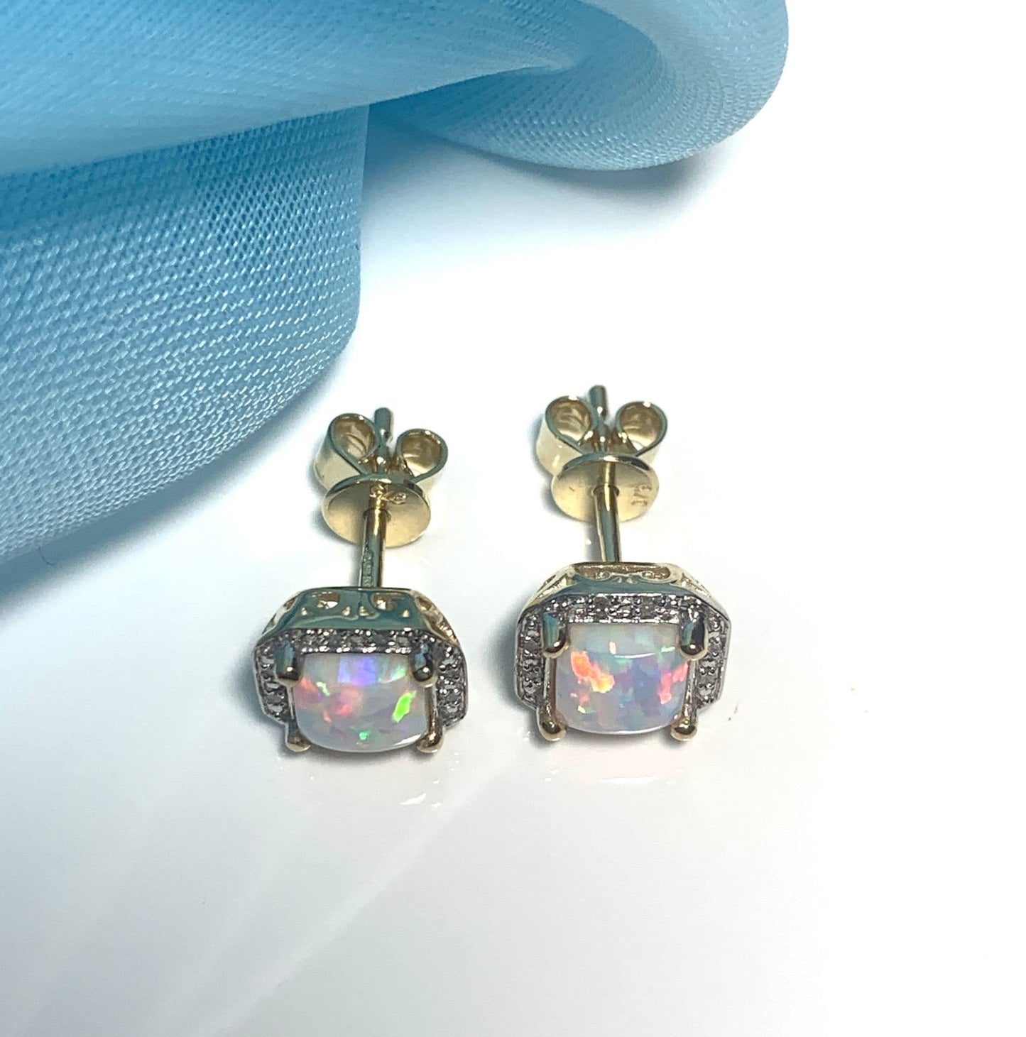 Square opal and diamond yellow gold stud cluster earrings