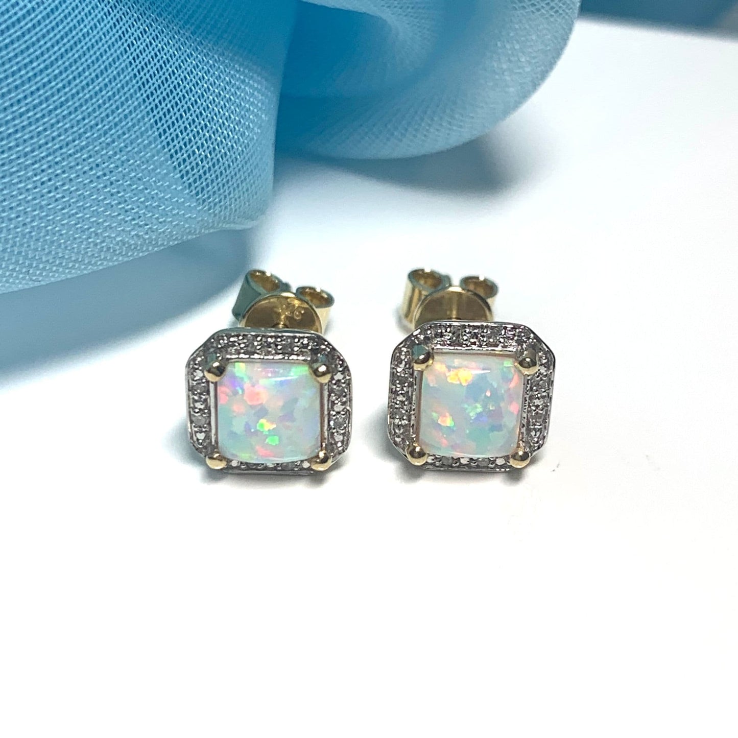 Square opal and diamond yellow gold stud cluster earrings