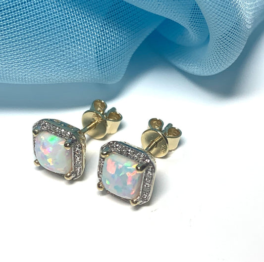 Square opal and diamond yellow gold stud cluster earrings