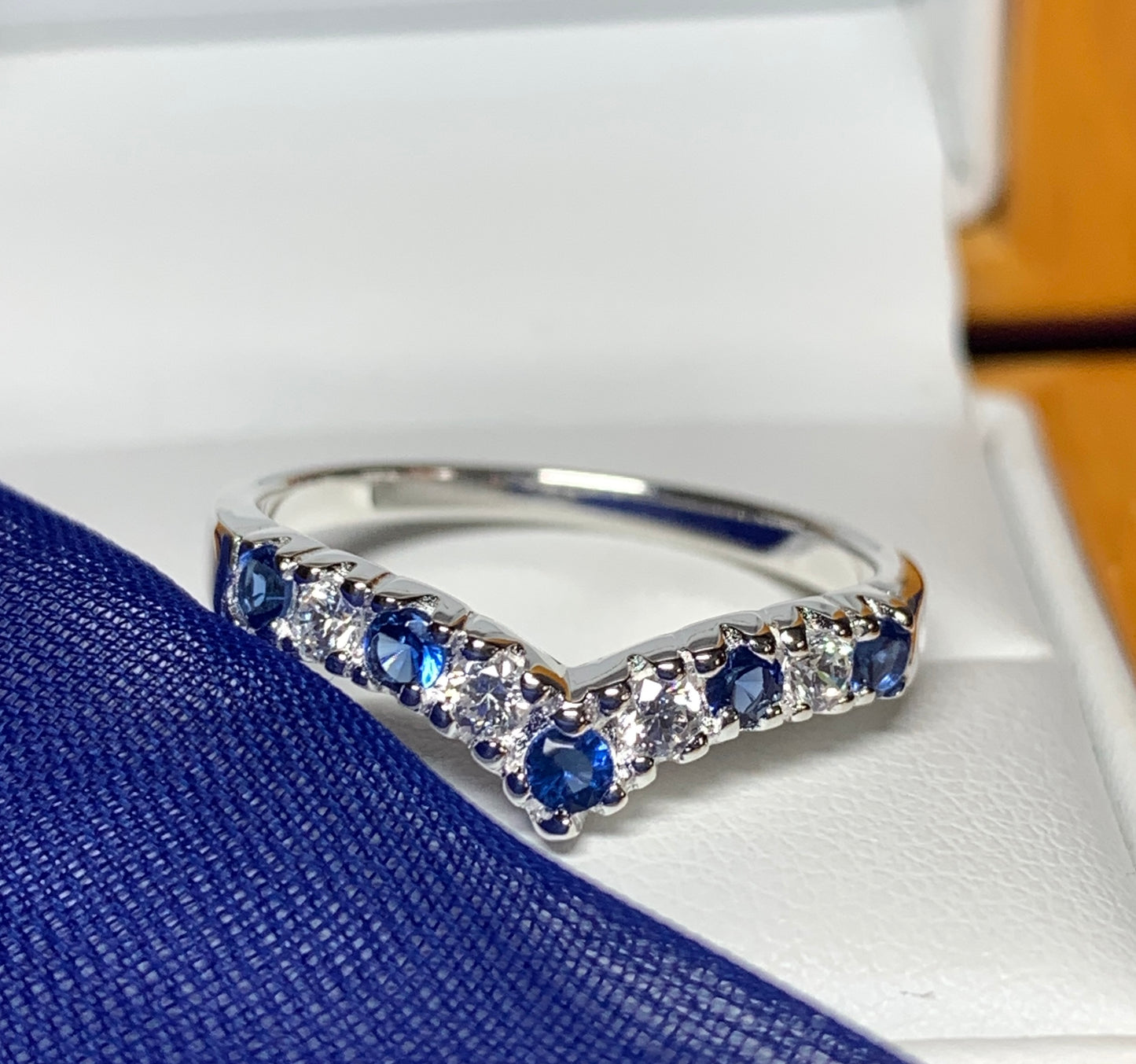 Sterling Silver Blue Sapphire And Cubic Zirconia Wishbone Ring