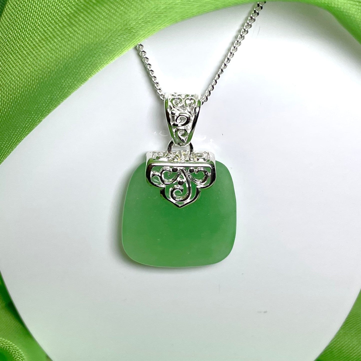 Sterling Silver Cushion Shaped Green Jade Necklace