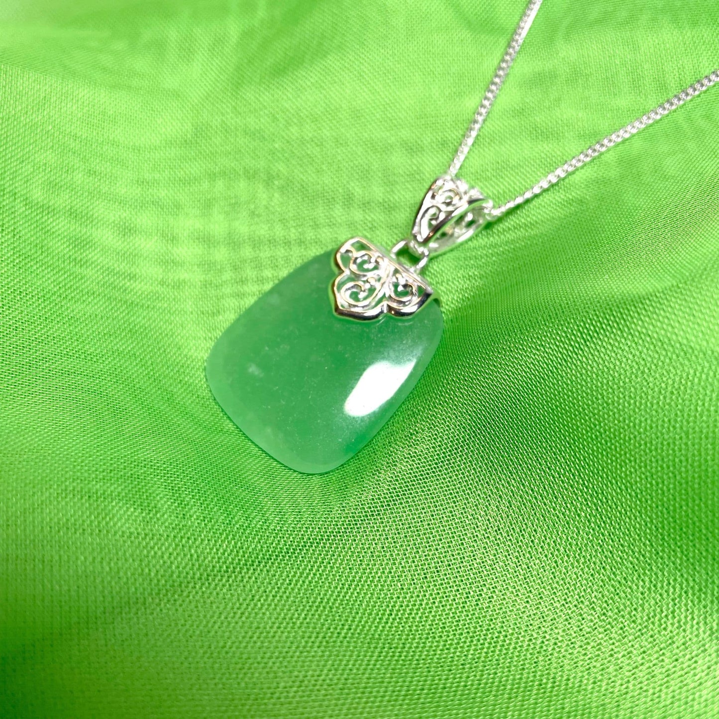 Sterling Silver Cushion Shaped Green Jade Necklace