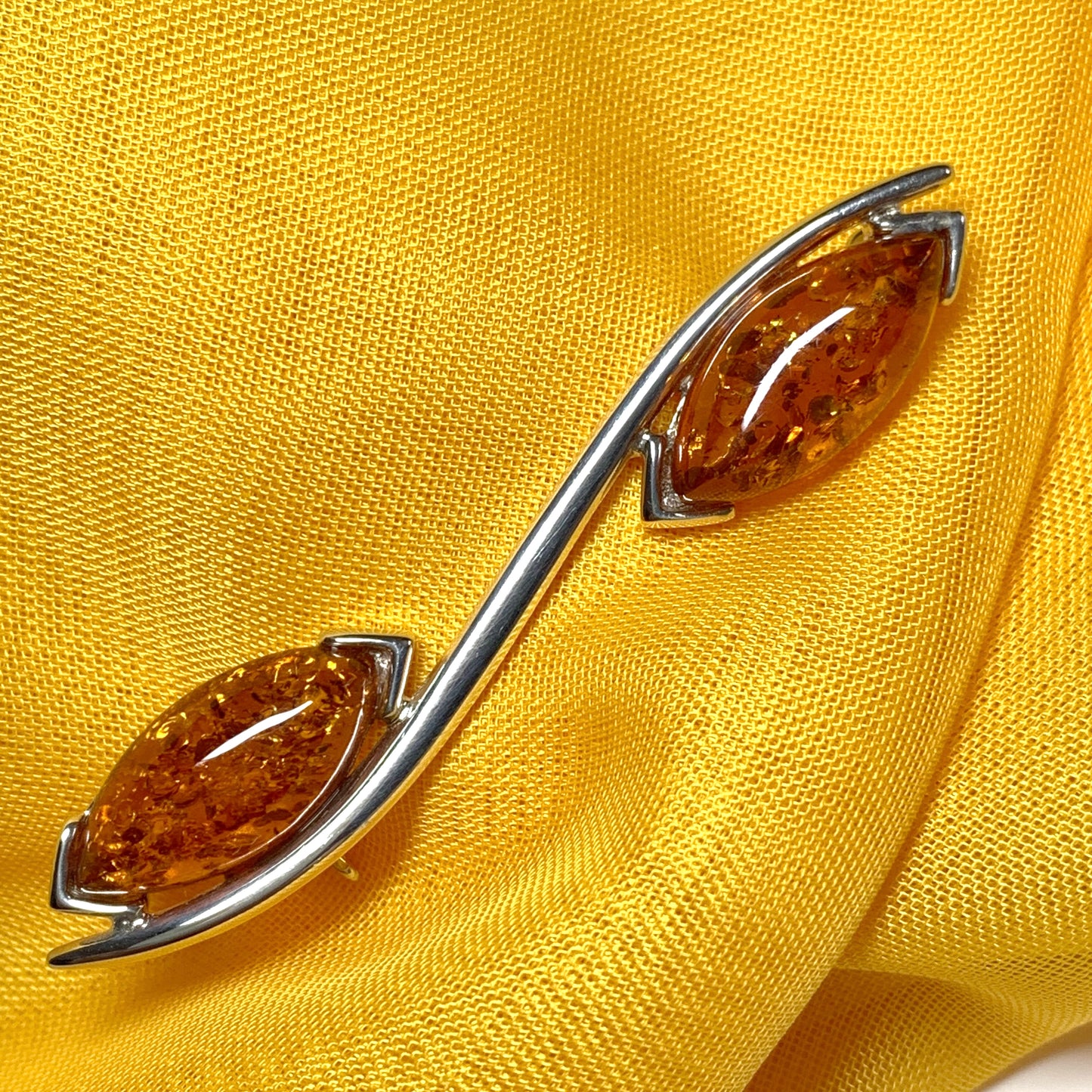 Sterling silver double marquise amber brooch