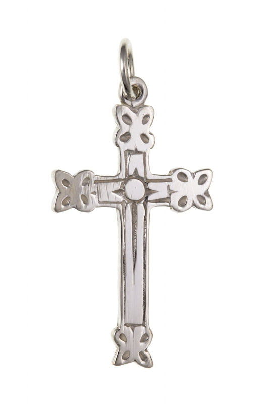 Sterling silver fancy solid patterned cross and chain